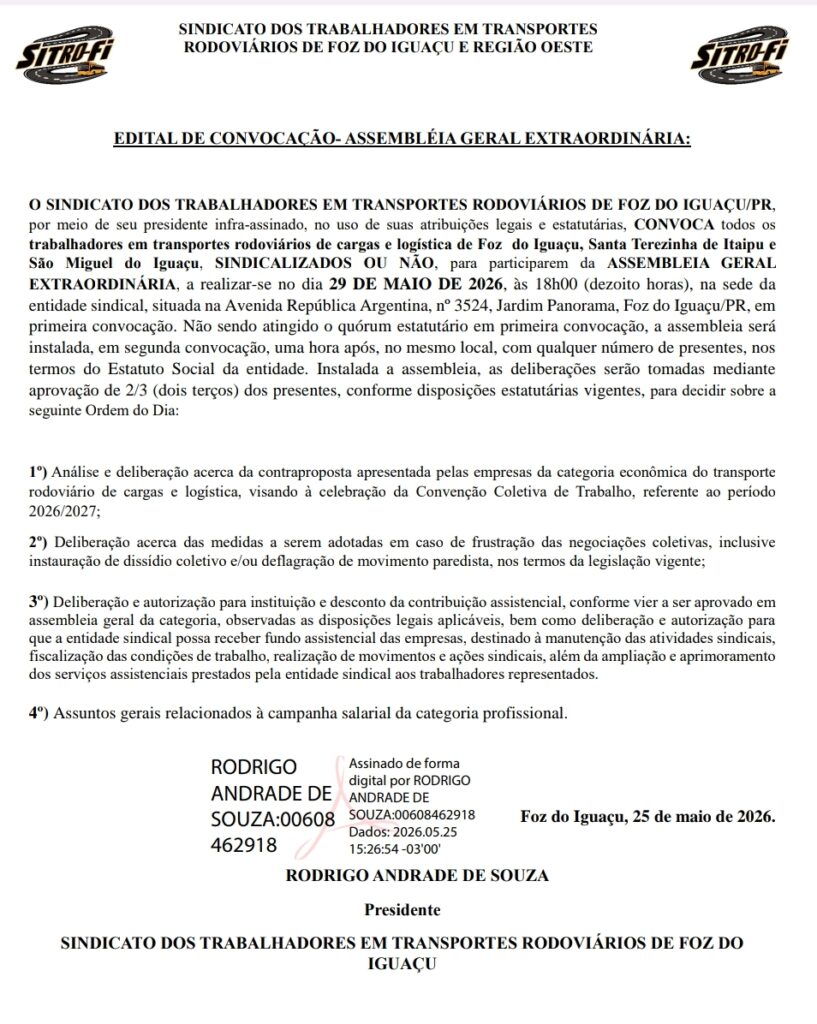 Assembleia dia 29 de maio de 2026 com osTrabalhadores em Transportes Rodoviários de Cagras e Logistica